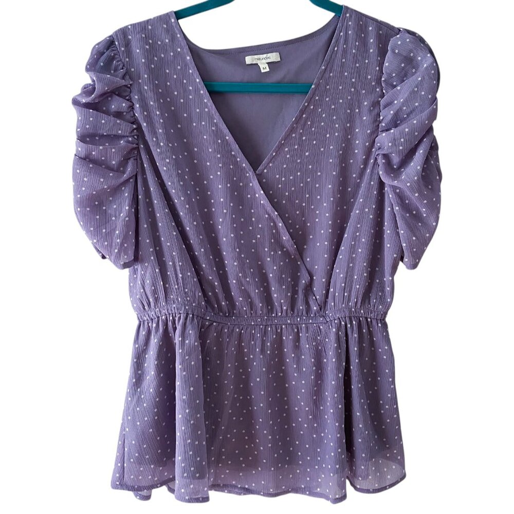 Maurices Women's Polka Dot Mesh Ruched Sleeve Peplum Blouse Size Medium